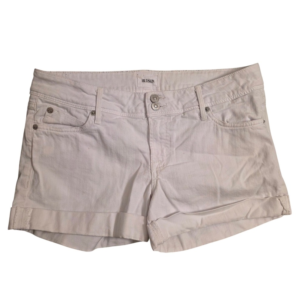 Hudson Women White Denim Cuffed Shorts Double Button‎ Flap Pocket Size 29